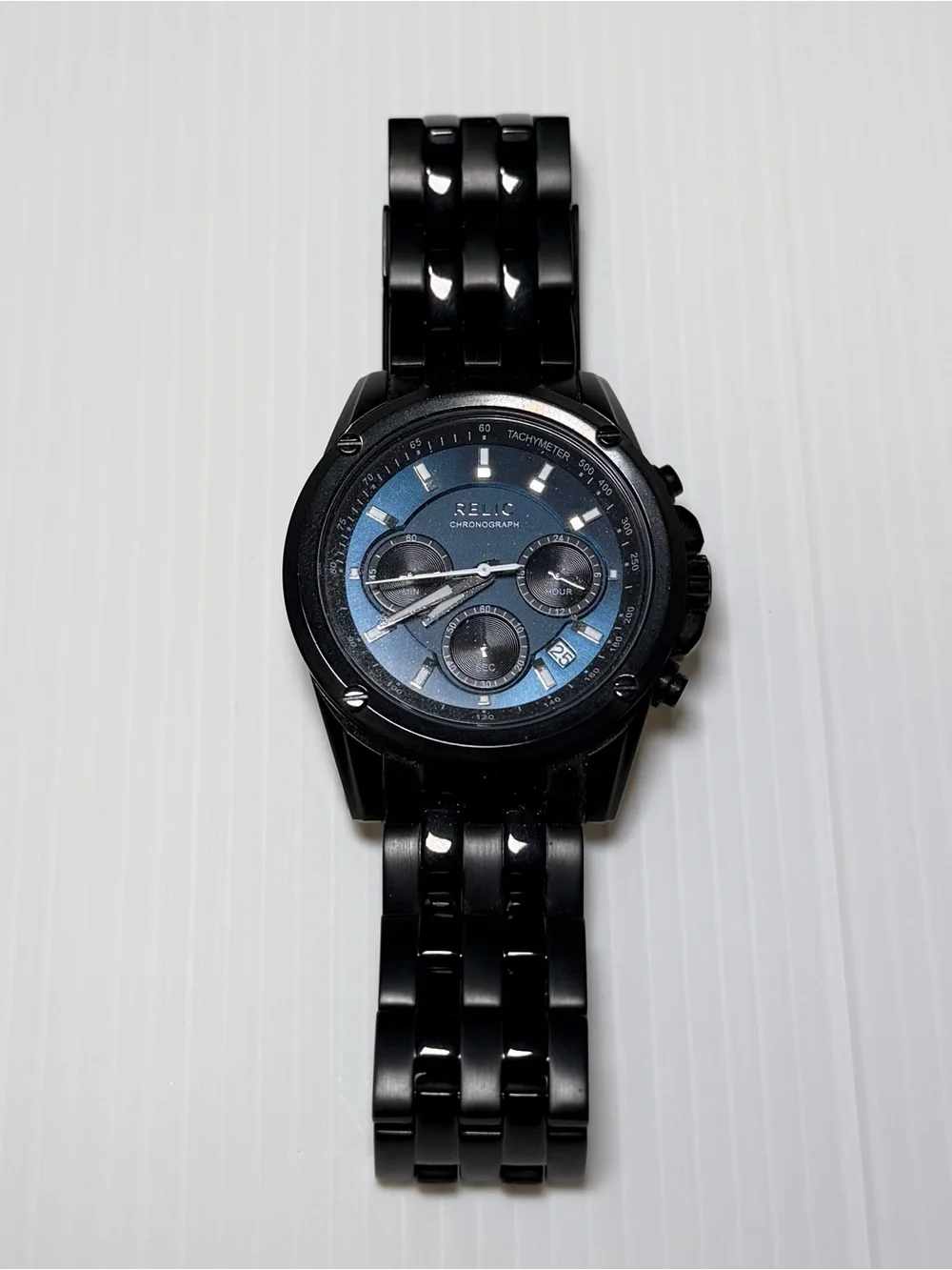 Relic Men’s Chronograph Black Stainless Steel Watch Blue Dial Date